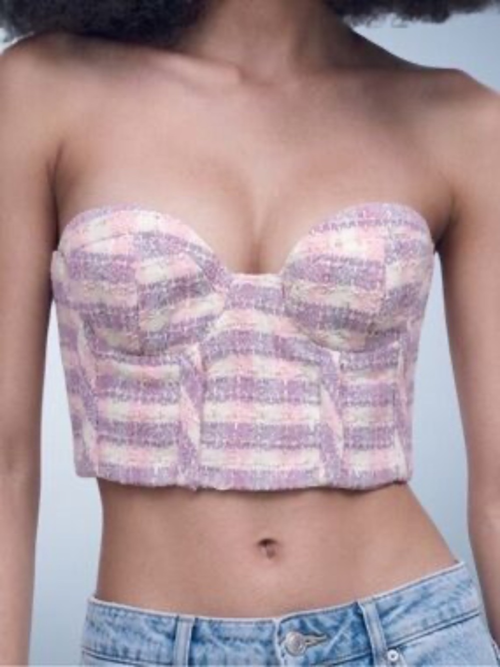 Pink and Purple Tweed Bouclé Crop Plaid Corset Top – Size S Zip Up Bustier